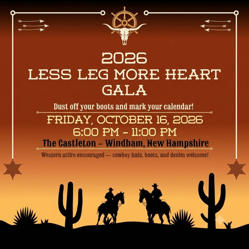 Silhouetted cowboys on horseback ride through a desert landscape with cacti in the foreground, under a gradient orange and brown sky advertising the "2026 Less Leg More Heart Gala."
