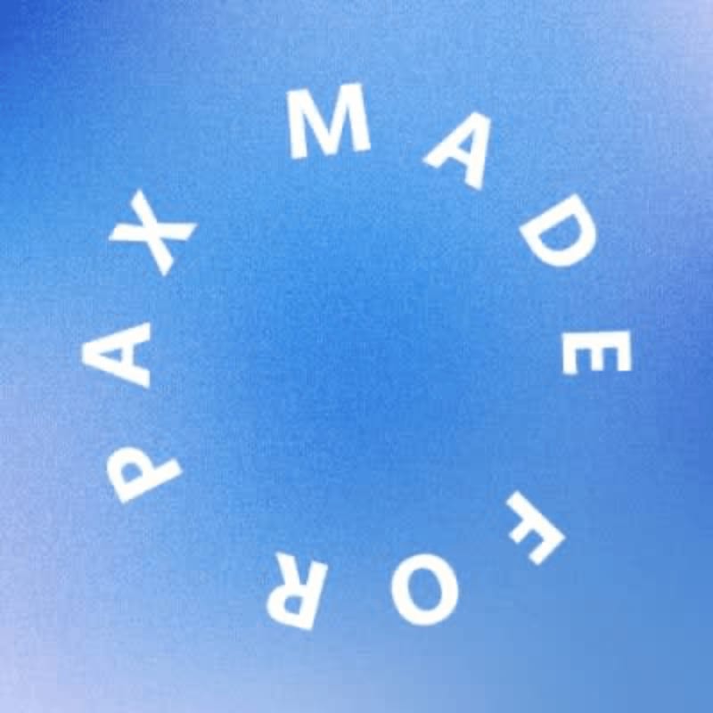 White text spelling "MADE FOR PAX" curves in a circle against a gradient blue background.