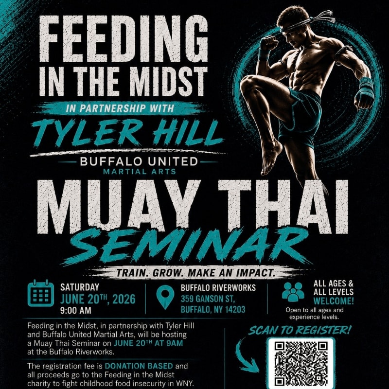 A Muay Thai seminar poster features a fighter in the foreground against a dark background with event details.