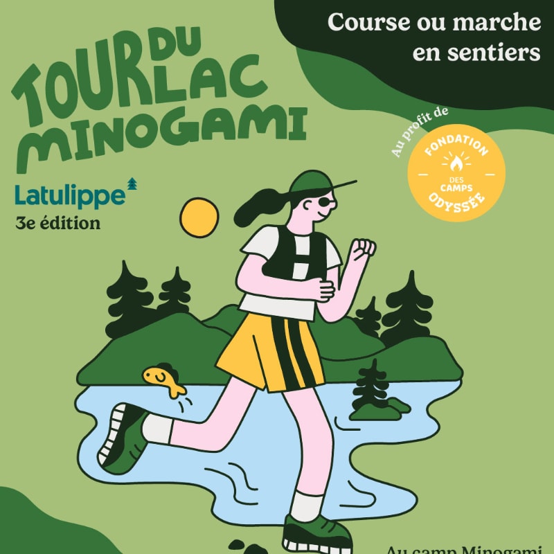 A cartoon runner with a fish jumping in the water in the foreground is set against a backdrop of stylized trees, hills, and a lake, with event details and a logo in the upper portion.