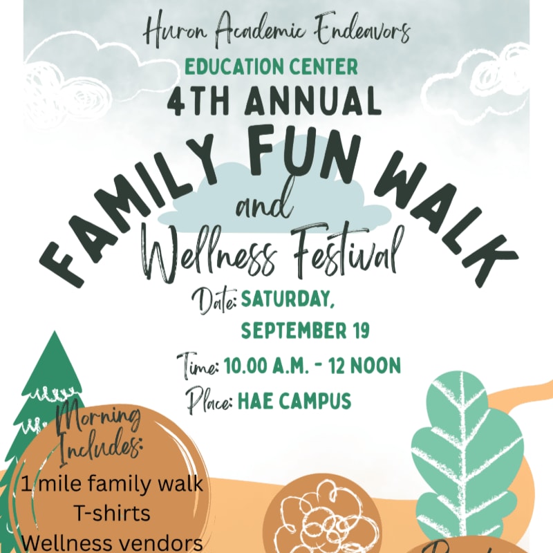 A flyer for the 4th Annual Family Fun Walk and Wellness Festival is displayed with cartoon trees in the foreground and clouds in the background.