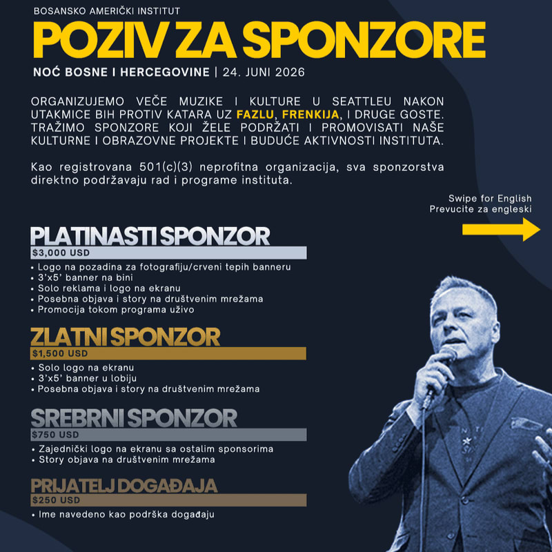 A man in a suit sings into a microphone in the foreground, while the background displays sponsorship levels and event details for the Bosnian American Institute.