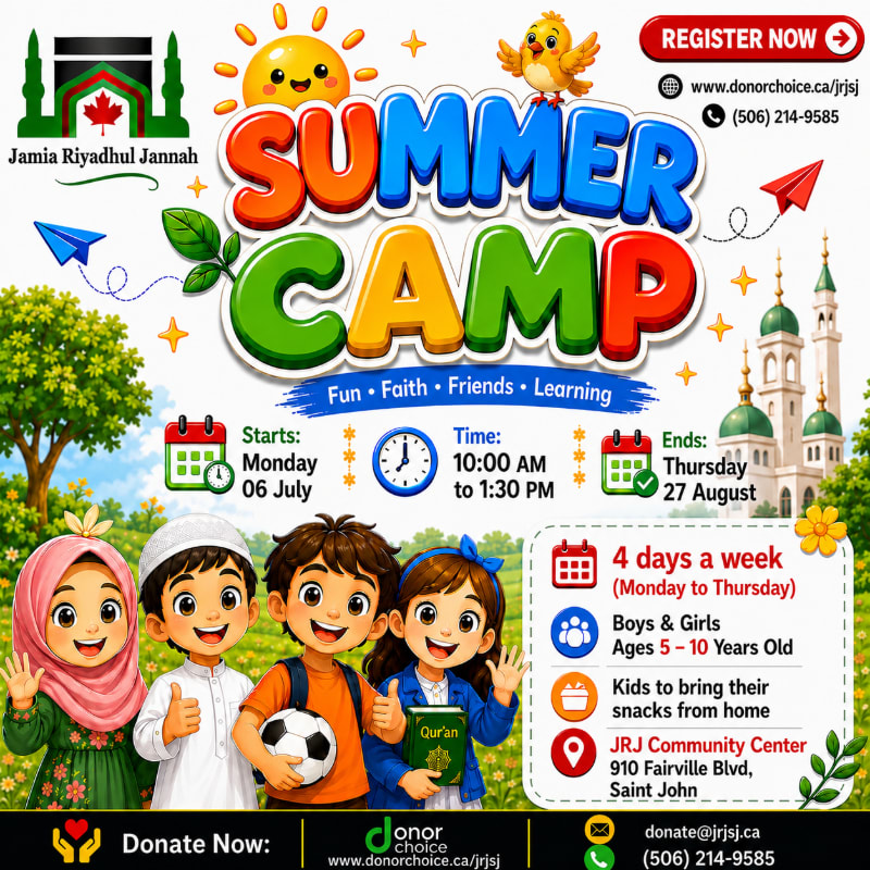 Four smiling children, two boys and two girls, are in the foreground with a soccer ball and a Quran, while a colorful "SUMMER CAMP" banner and mosque minarets are in the background.