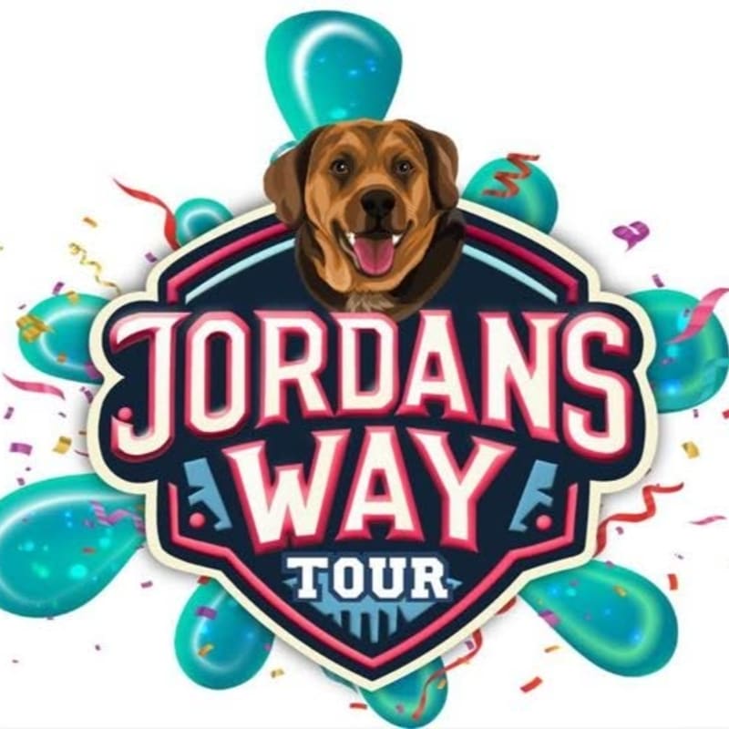 A happy dog peeks over a "Jordan's Way Tour" logo surrounded by teal balloons and confetti.