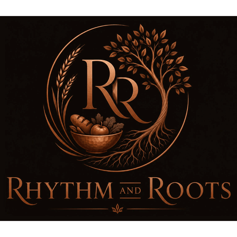 A copper-toned logo features a bowl of produce and bread in the foreground, with a stylized tree and wheat stalks framing the "RR" monogram against a dark background, all beneath the text "Rhythm and Roots."