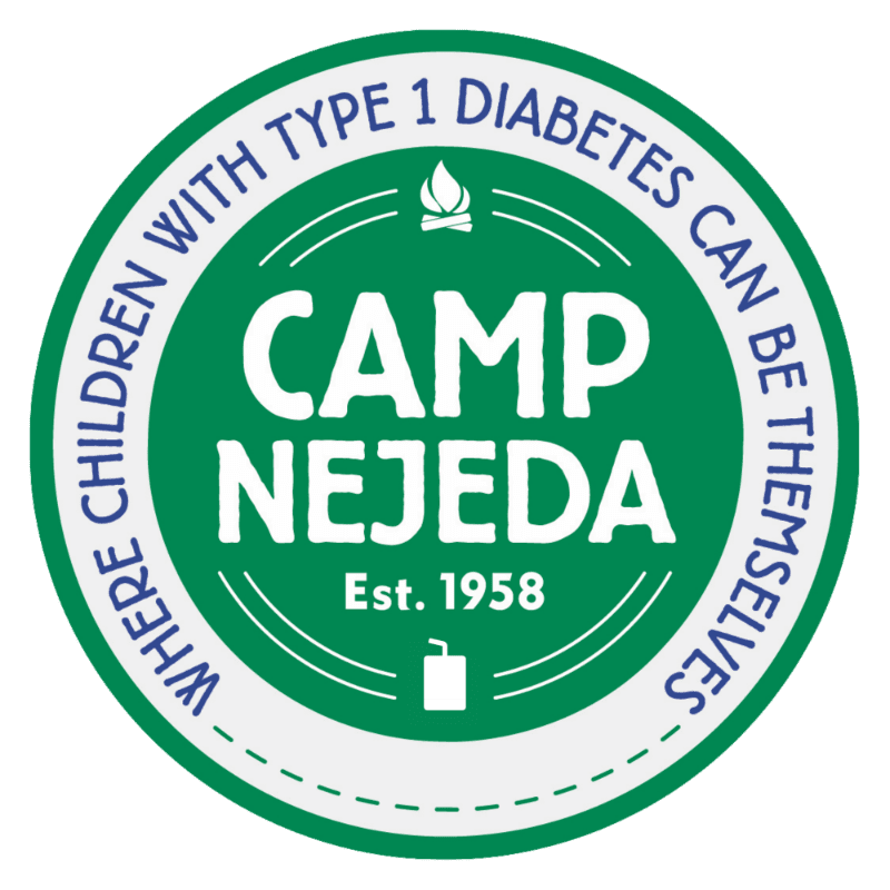 A green circular logo with "CAMP NEJEDA" in white text in the foreground, and the background is a white circle with blue text around the perimeter stating "WHERE CHILDREN WITH TYPE 1 DIABETES CAN BE THEMSELVES".