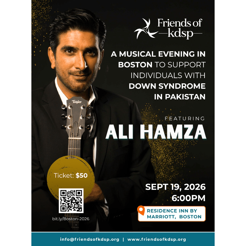 A man in a suit holding a guitar is featured in the foreground, with event details for a musical evening supporting individuals with Down Syndrome in Pakistan in the background.
