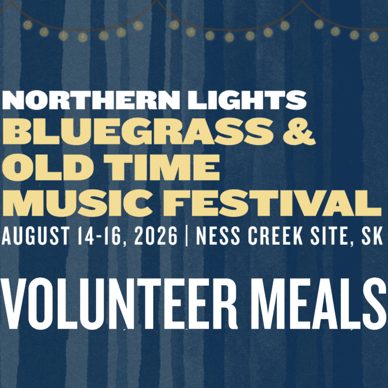 White text announcing the "Northern Lights Bluegrass & Old Time Music Festival" and "Volunteer Meals" is overlaid on a dark blue background with vertical stripes and a string of lights at the top.