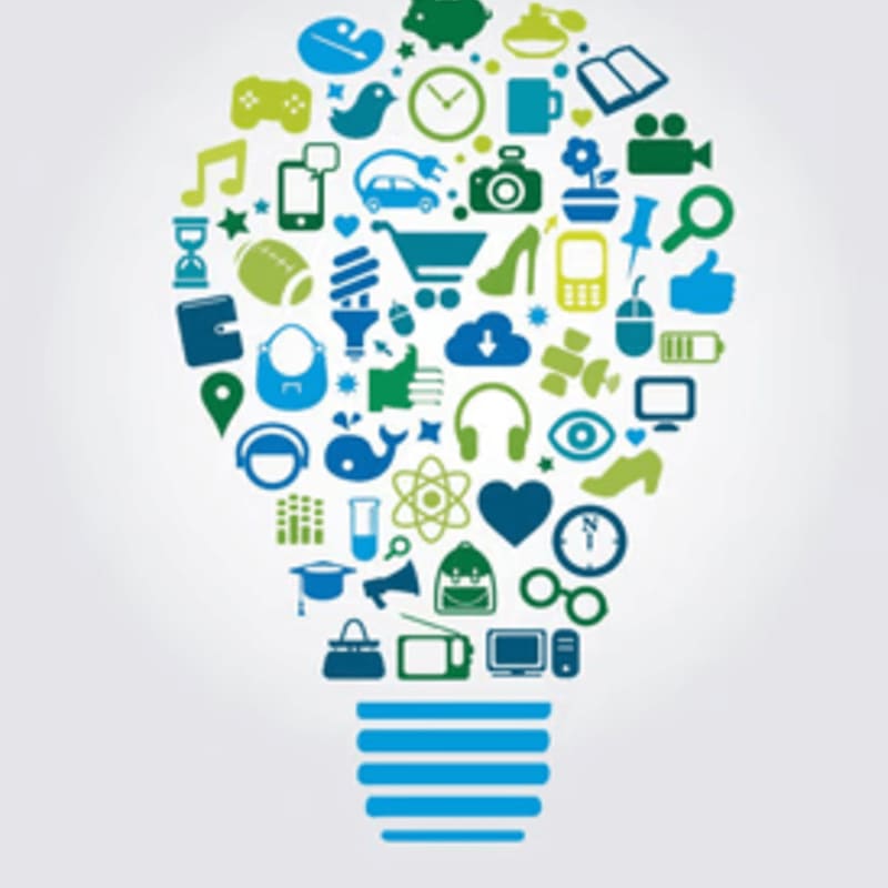 A lightbulb formed from various icons of technology, nature, and everyday objects glows against a light gray background.