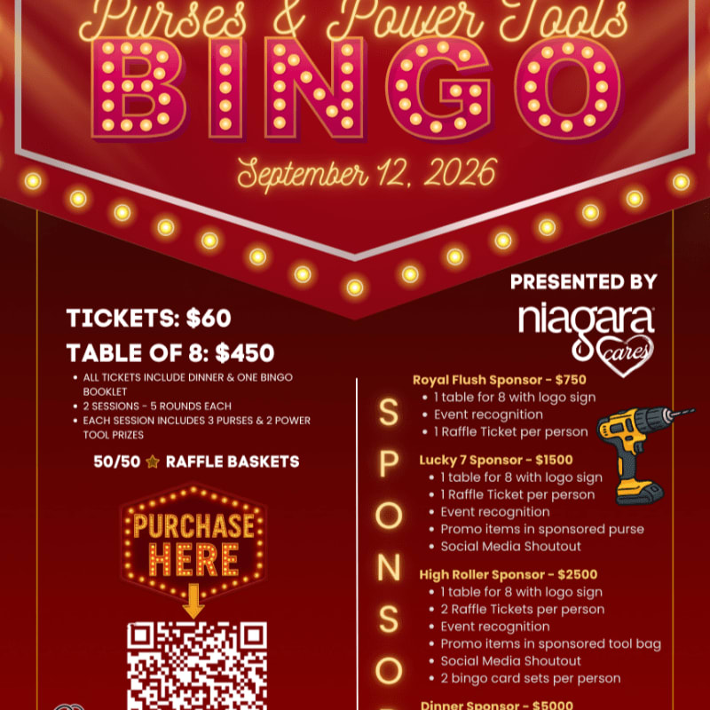 A "Purses & Power Tools BINGO" event poster with ticket information and sponsorship details is displayed against a red, curtain-like background with illuminated bulbs.