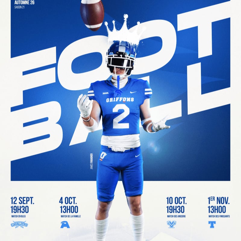 A young American football player in a blue uniform and helmet with a crown stands in the foreground against a large blue "FOOTBALL" graphic in the background, with game dates listed at the bottom.