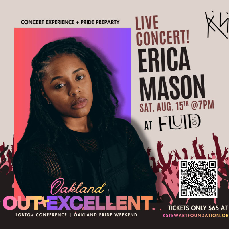 A woman with dreadlocks is featured in the foreground against a background of a cheering crowd and event details for a live concert and LGBTQ+ conference.