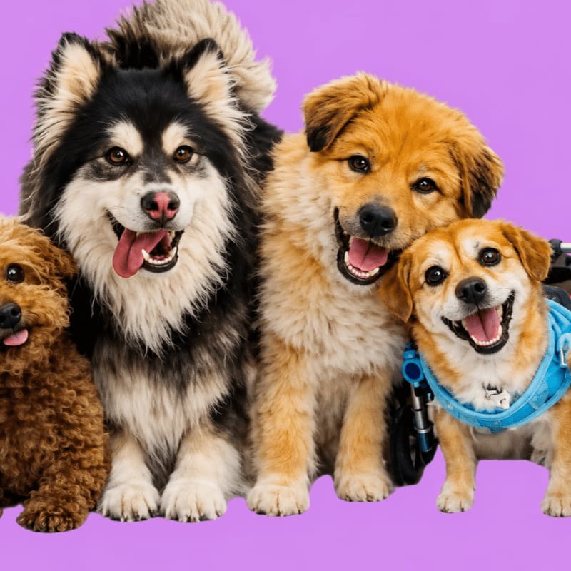 Four happy dogs, ranging in size and breed, sit together against a solid purple background.