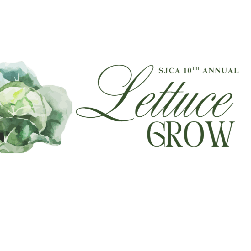 A watercolor illustration of a lettuce head is on the left, with the text "SJCA 10th ANNUAL Lettuce GROW" in green script and block letters on the right, against a white background.