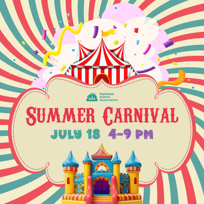 A colorful circus tent and confetti are in the background, while a bouncy castle and carnival text are in the foreground.