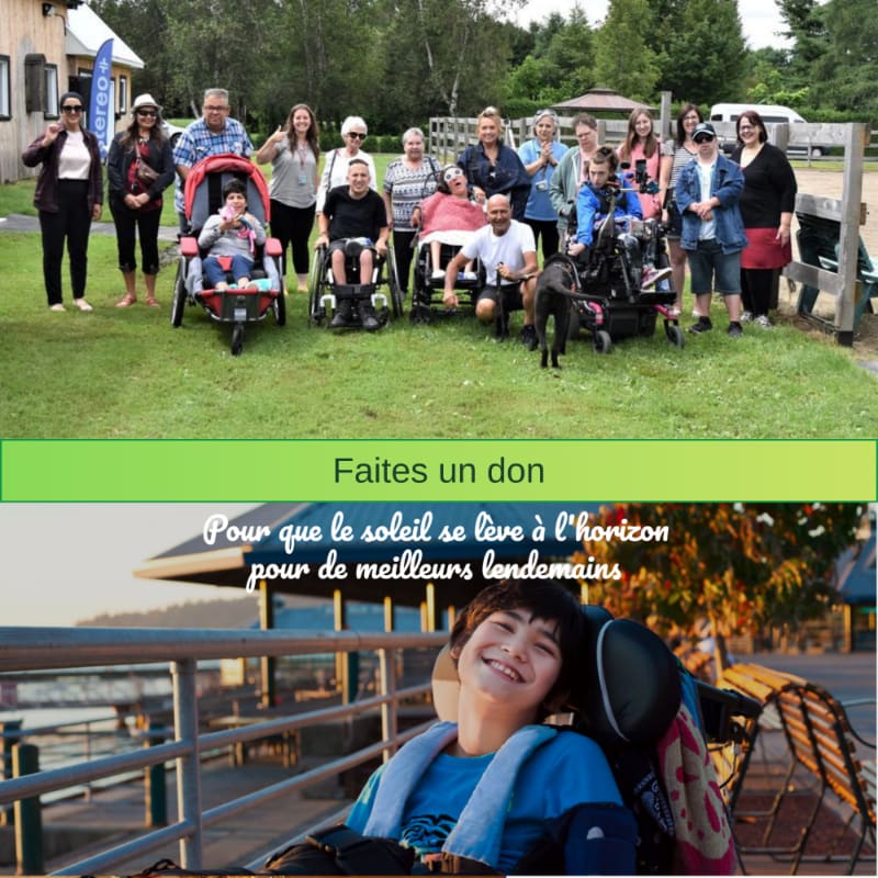 A group of people, some in wheelchairs, pose for a photo in front of trees, while below, a smiling boy in a wheelchair looks out at a sunrise over water.