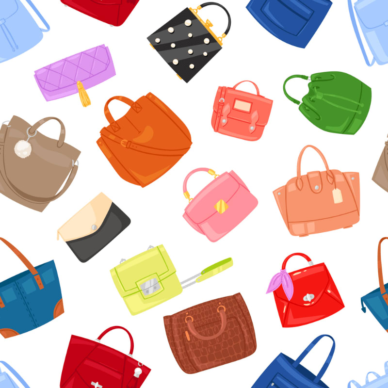 A variety of colorful handbags, from clutches to totes, are scattered across a white background.