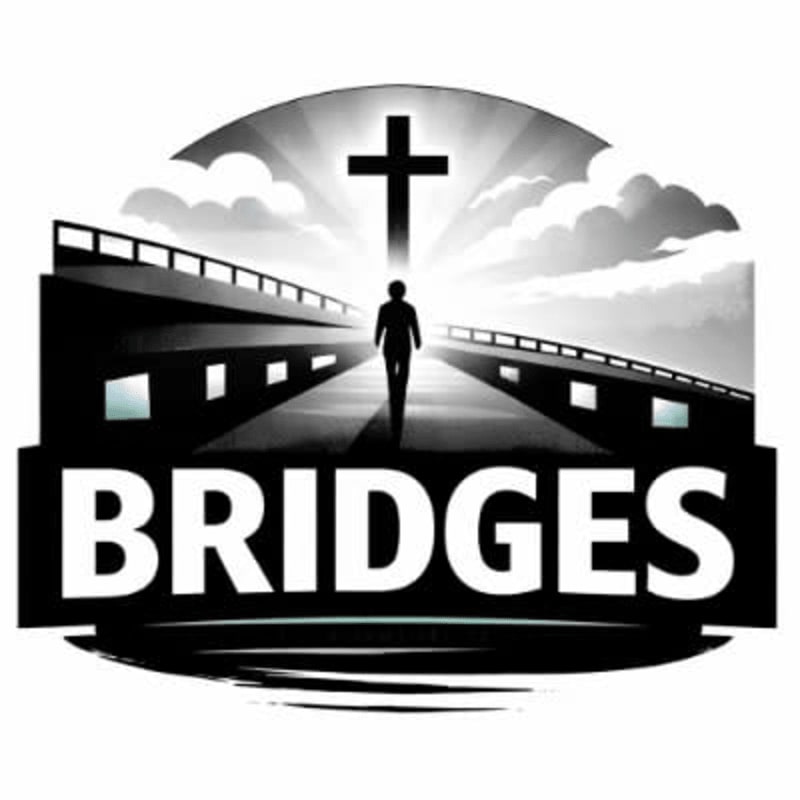 A lone figure walks towards a cross atop a bridge, with the word "BRIDGES" emblazoned below.