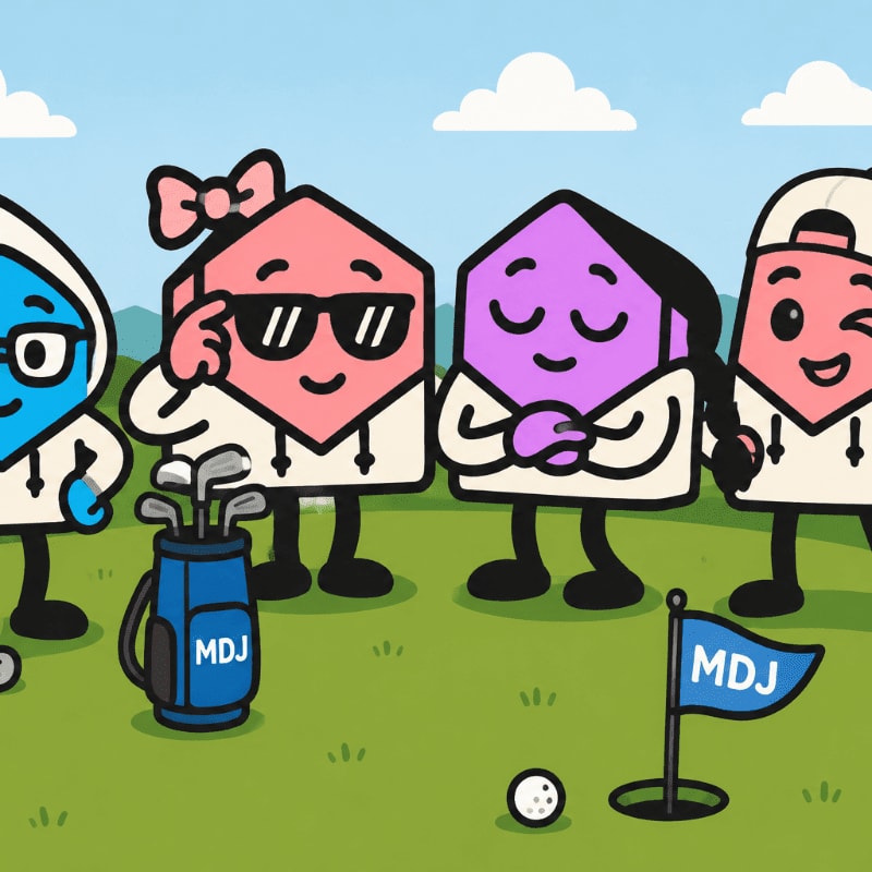 Four cartoon envelopes dressed in hoodies and hats stand on a golf course with a golf bag and flag in the foreground, while a blue sky with clouds forms the background.