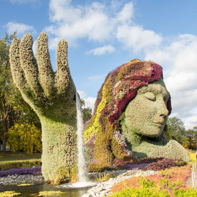A large topiary sculpture of a woman's head and hand, with water flowing from the hand, is set against a backdrop of trees and a blue sky with clouds.