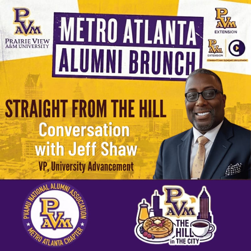 A smiling man in a suit is featured in the foreground against a yellow and purple background advertising a Metro Atlanta Alumni Brunch with Jeff Shaw, VP of University Advancement.