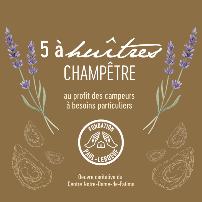 Two sprigs of lavender frame text about oysters and a foundation logo, with oyster shells scattered below on a brown background.