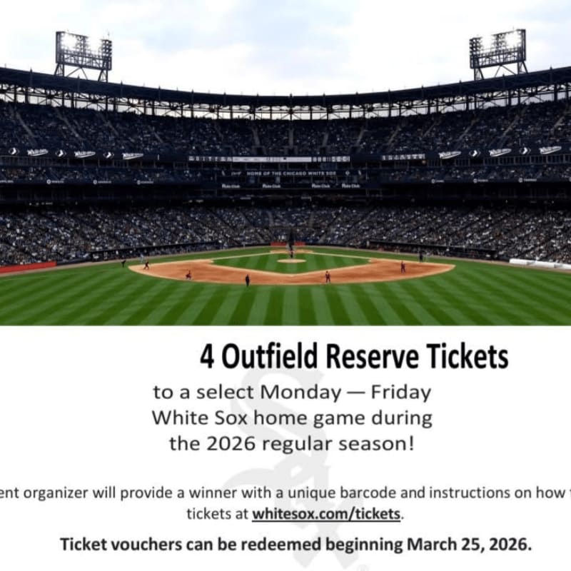 A baseball stadium with a green field and stands filled with spectators is shown above text advertising four White Sox tickets.