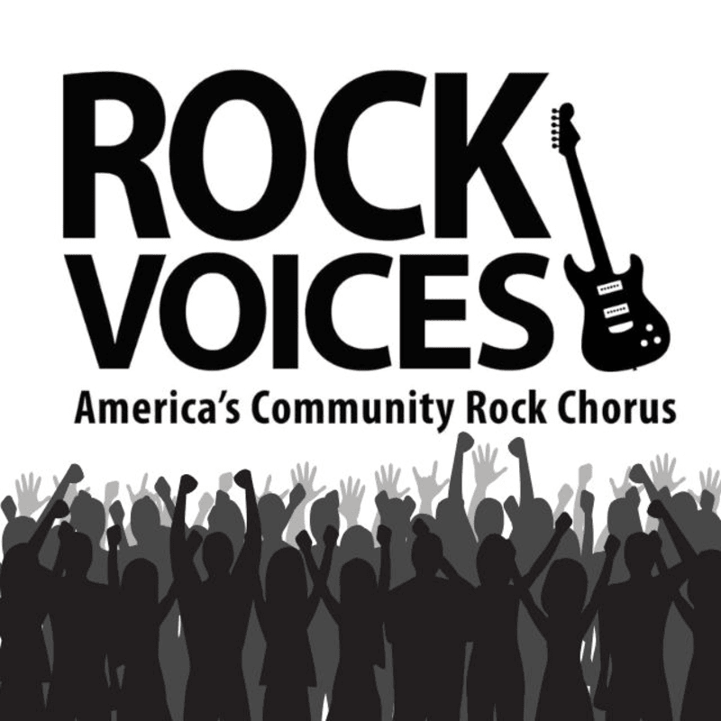 Black text reading "ROCK VOICES" with an electric guitar silhouette is in the foreground, while a crowd of silhouetted people with raised arms fills the background.