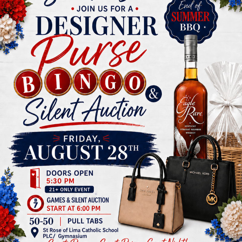 Designer purses and a bottle of whiskey are in the foreground, with patriotic floral decorations and event details in the background.