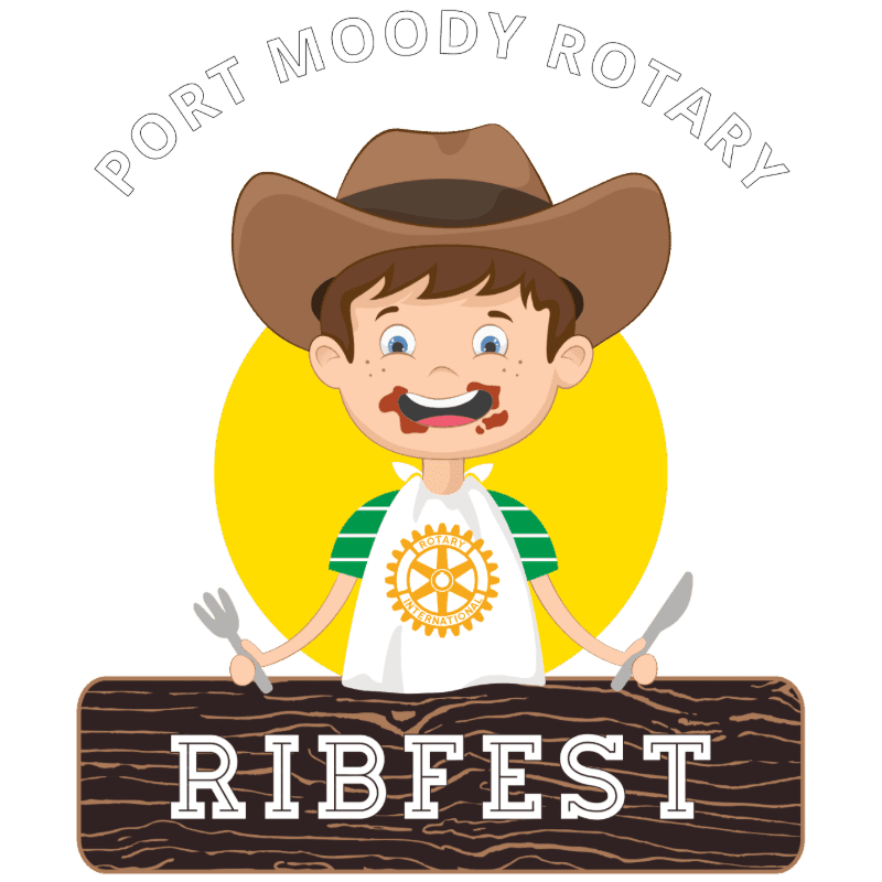A boy in a cowboy hat with a bib smeared with barbecue sauce holds a fork and knife in front of a wooden sign that reads "RIBFEST," with "PORT MOODY ROTARY" arched above him against a yellow circle.