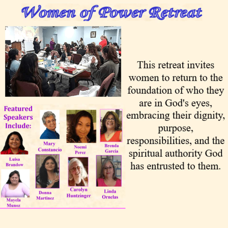 A group of women are seated in a room in the foreground, while the background features a collage of featured speakers and text describing the "Women of Power Retreat."