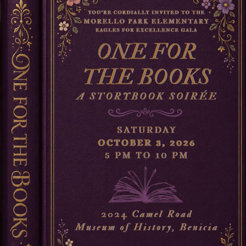 A dark purple book with gold lettering and floral accents, featuring an invitation to a storybook soirée, is set against a plain background.