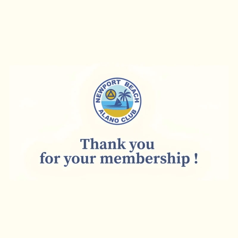 A circular logo with a palm tree and sailboat on a beach is centered above the text "Thank you for your membership!" on a pale yellow background.
