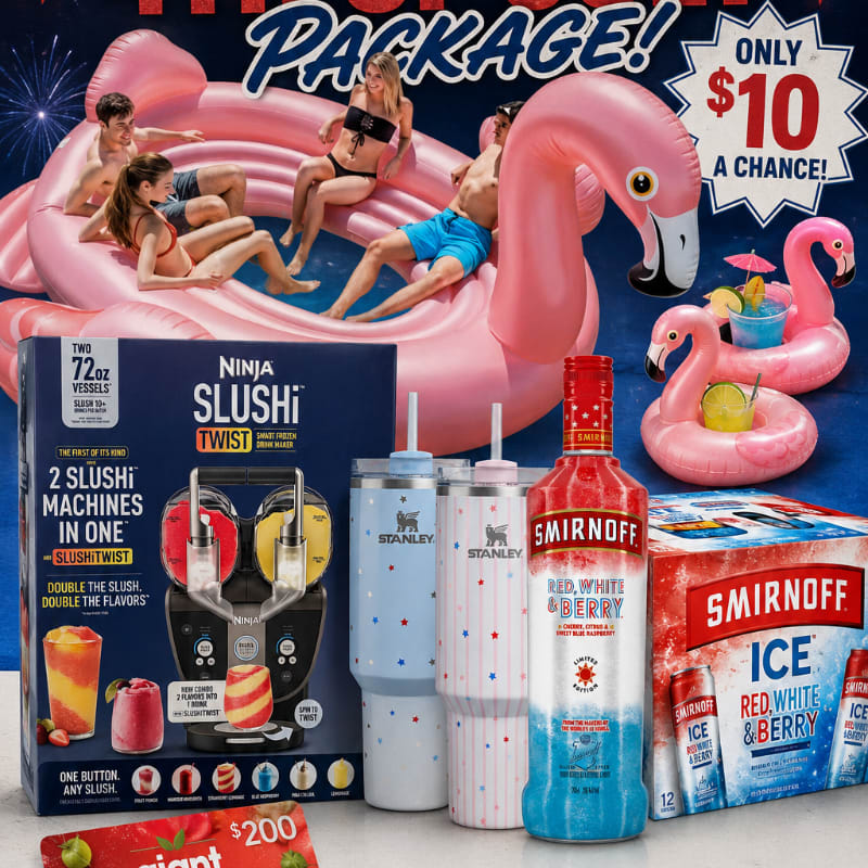 In the foreground, a Ninja Slushi machine, two Stanley tumblers, and Smirnoff Ice bottles are displayed, while in the background, people relax on inflatable flamingos in a pool.