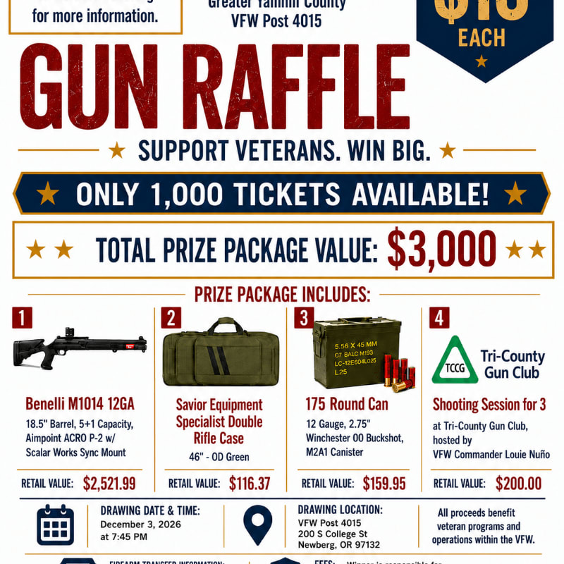 A gun raffle poster with prize details in the foreground and a VFW Post 4015 logo in the background.