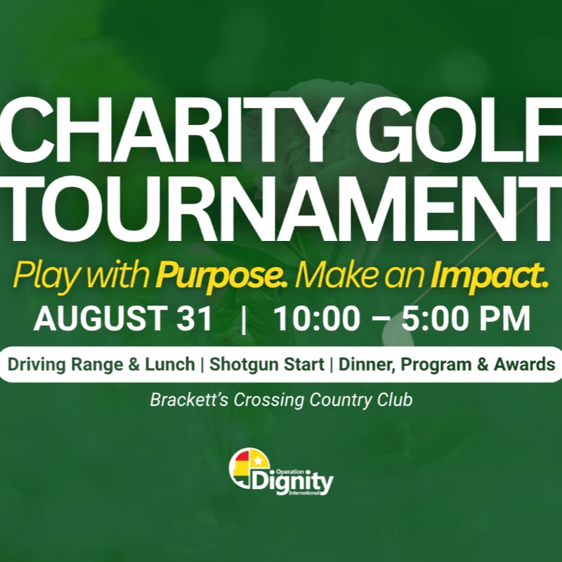 A green background with white text announces a charity golf tournament on August 31st, with details about activities and location at the bottom.