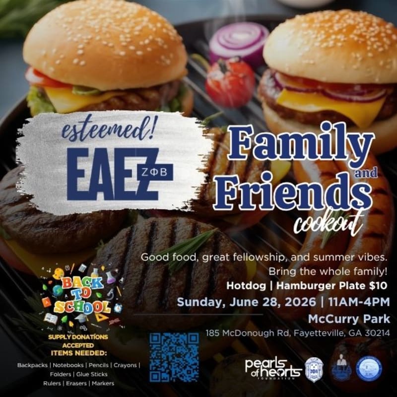 Two juicy hamburgers and grilled patties are in the foreground, while the background features text announcing a "Family and Friends Cookout" with event details.