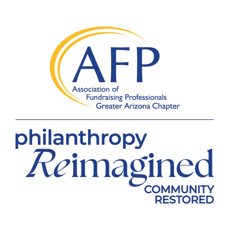 The foreground displays the text "philanthropy Reimagined COMMUNITY RESTORED" in blue, while the background features the "AFP Association of Fundraising Professionals Greater Arizona Chapter" logo with a yellow arc.