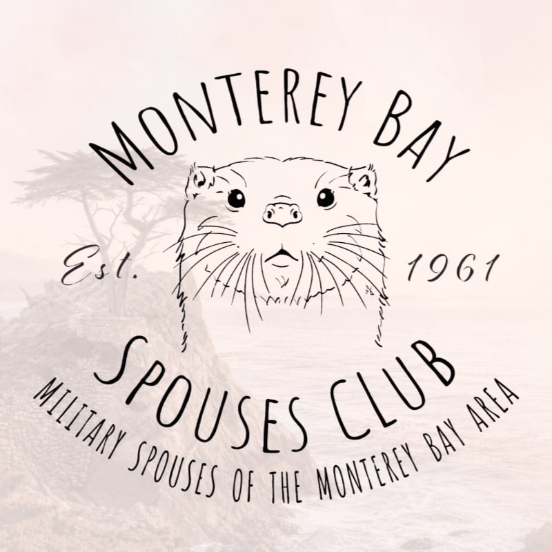 A hand-drawn otter face is centered in a circular logo with "Monterey Bay Spouses Club" and "Est. 1961" text, set against a soft-focus background of a coastal landscape with a tree.
