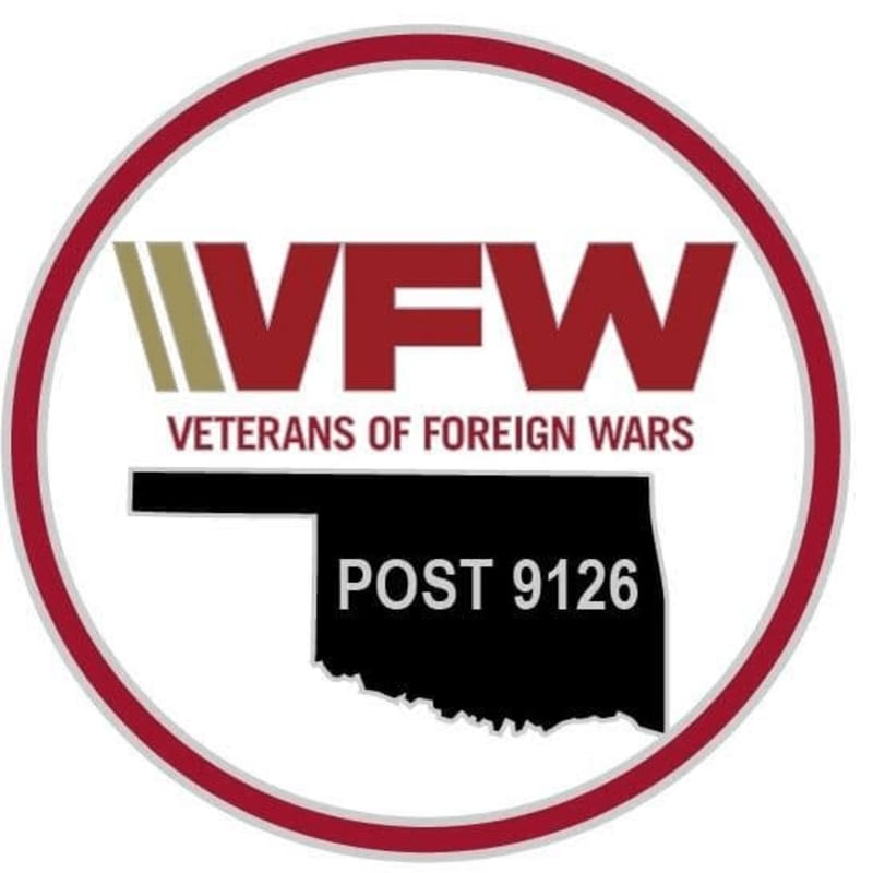 A circular logo with a red and white border contains the VFW logo and "VETERANS OF FOREIGN WARS" above a black silhouette of Oklahoma with "POST 9126" written on it.