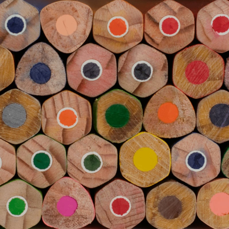 Close-up of colored pencil tips arranged in rows.