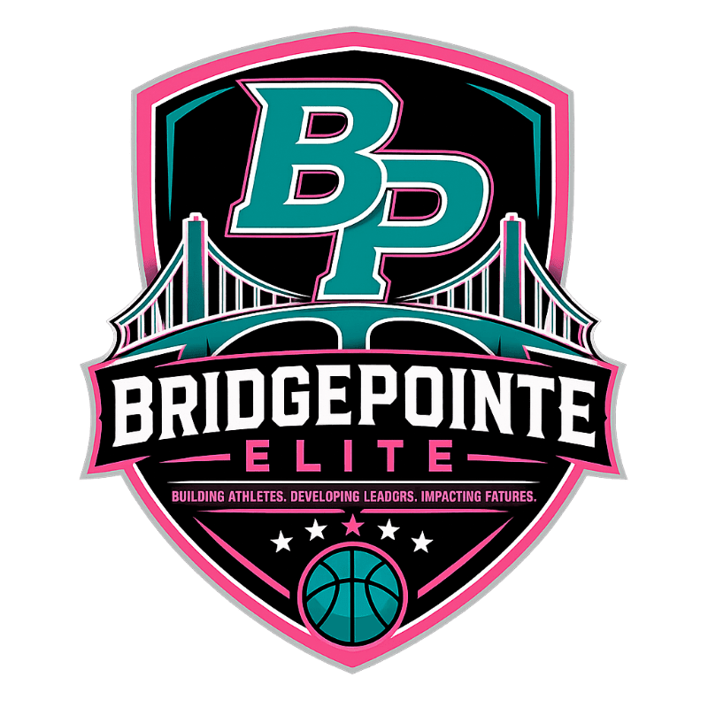 A teal and pink shield logo features the letters "BP" in the foreground, with a stylized bridge and the words "BRIDGEPOINTE ELITE" below it, all set against a white background.