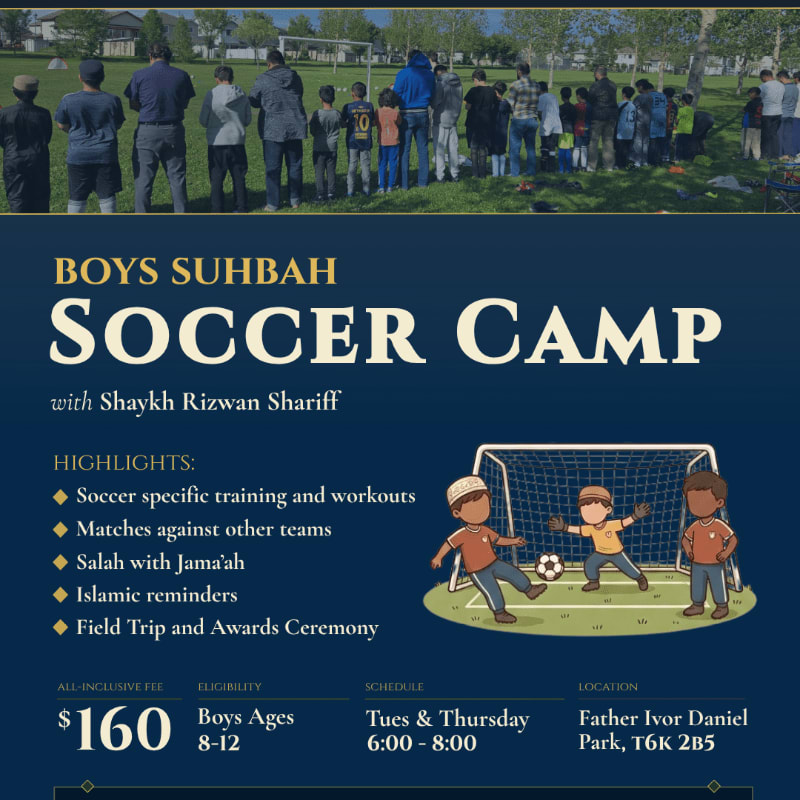 A group of boys stand on a soccer field in the background, while the foreground features a graphic advertising a soccer camp with highlights and details.