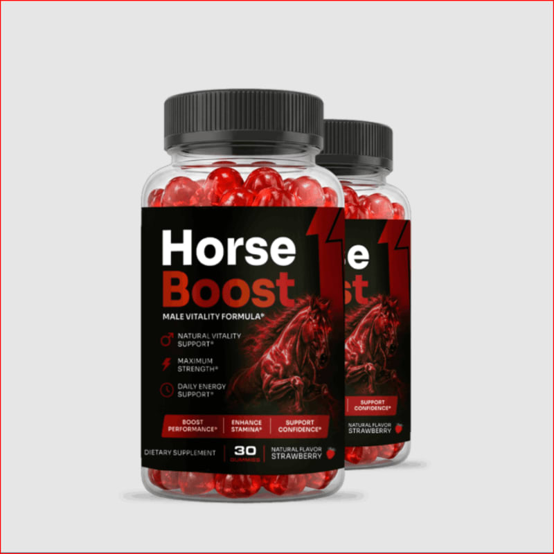 Two bottles of "Horse Boost" male vitality supplement, filled with red capsules, are displayed against a plain gray background with a red border.