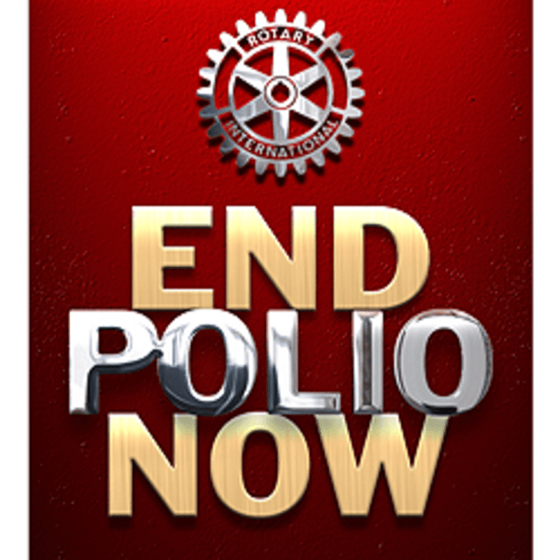 A metallic Rotary International logo sits above bold, three-dimensional text reading "END POLIO NOW" against a textured red background.
