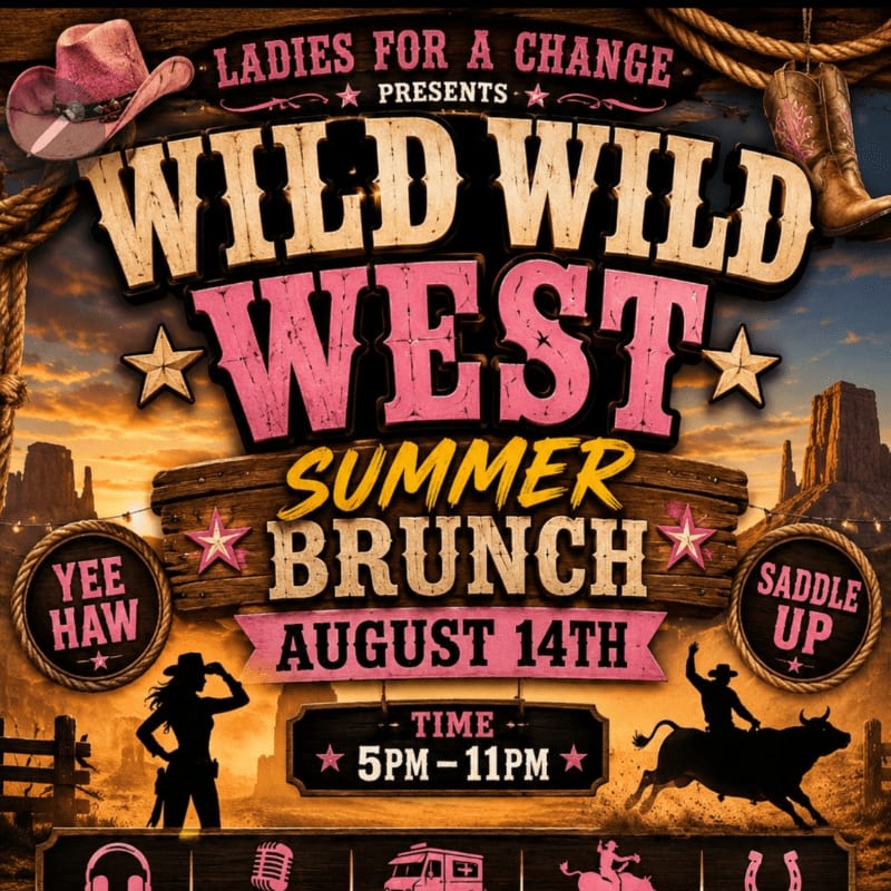 A "Wild Wild West Summer Brunch" event poster features cowboy boots and a hat in the foreground against a desert landscape background.