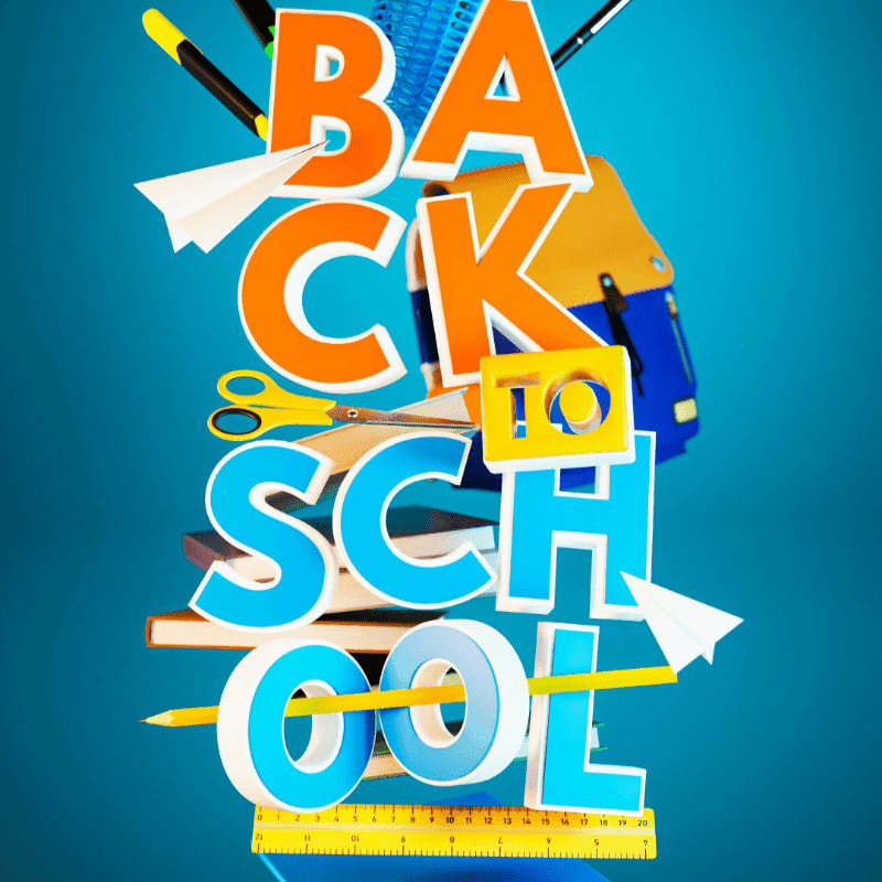 A back to school poster with scissors and other items