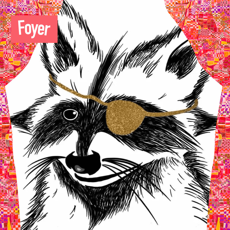 A black and white sketch of a raccoon wearing a gold eyepatch is centered against a vibrant, abstract pink and orange patterned background, with the word "Foyer" in a pink rectangle in the upper left corner.
