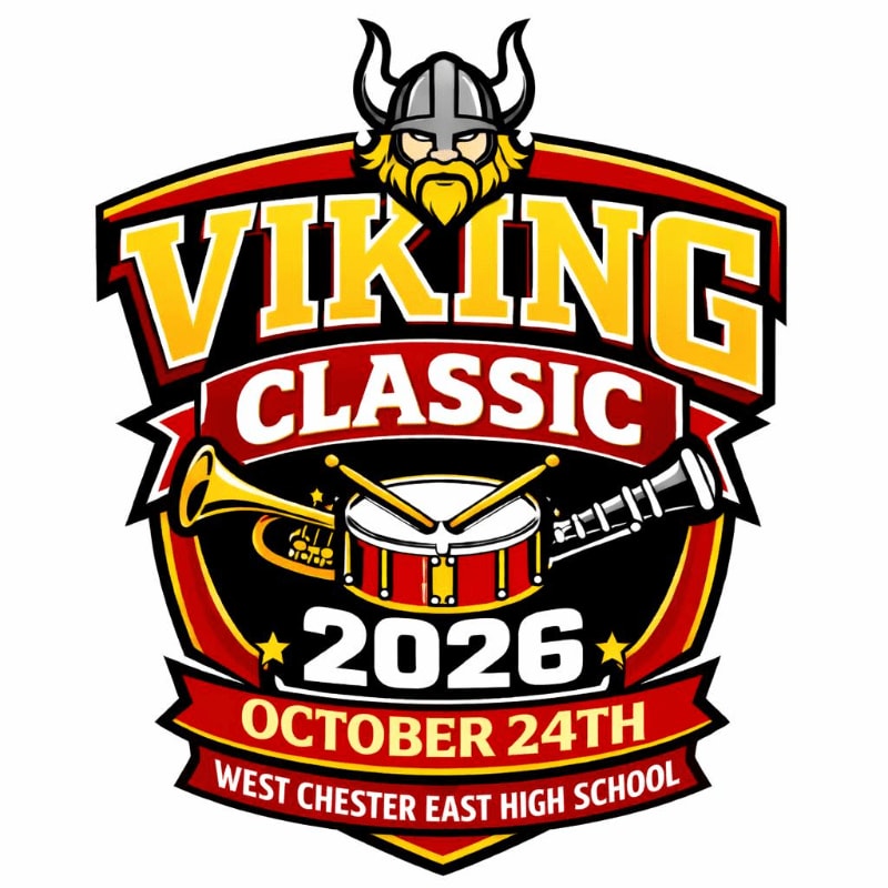 A Viking mascot logo for the "Viking Classic 2026" event at West Chester East High School features a drum and horn in the foreground against a white background.