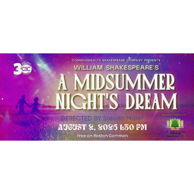 Silhouetted figures dance in the foreground against a vibrant, starry background advertising "A Midsummer Night's Dream" by Commonwealth Shakespeare Company.